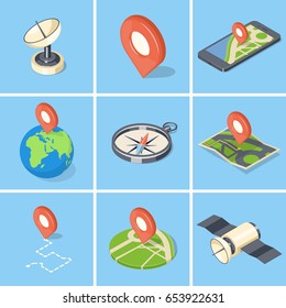 GPS navigation icons set. Isometric vector illustration
