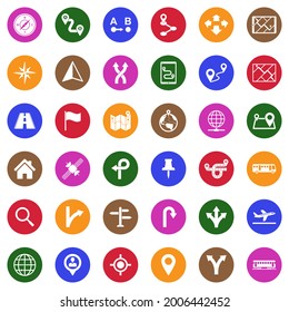 GPS And Navigation Icons. White Flat Collection In Circle. Vector Illustration.