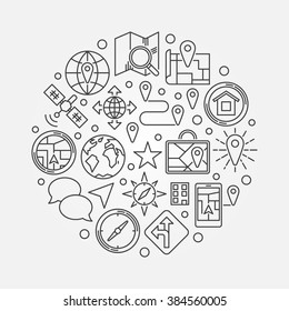 GPS navigation illustration - vector minimal round geolocation and navigation symbol made with linear icons