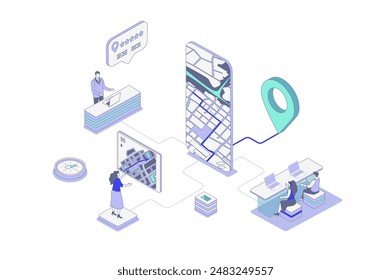 Concepto isométrico de navegación GPS en diseño de isometría de contorno para Web. Personas utilizando el sistema de navegación de mapas con puntero y tráfico por carretera, seguimiento de la ruta en línea en la pantalla del App móvil. Ilustración vectorial.