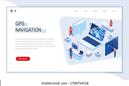 GPS Navigation Isometric Landing Page. Geolocation And Navigation System, Global Orientation, Route And Direction. Digital Technology And Devices. Busy People In Work Situation 3d Vector Isometry.