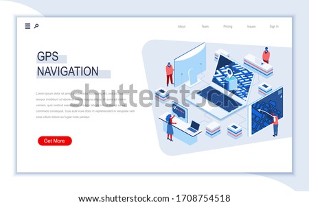 GPS navigation isometric landing page. Geolocation and navigation system, global orientation, route and direction. Digital technology and devices. Busy people in work situation 3d vector isometry.