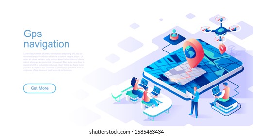GPS navigation landing page vector template. City map with pointer website header UI layout with isometric illustration. Tracking path, finding location web banner isometry concept