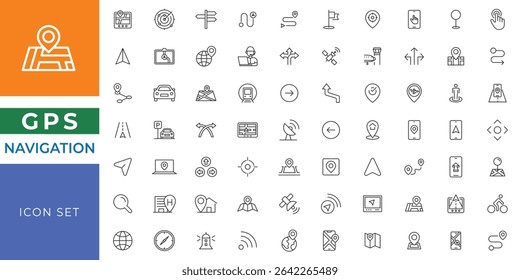 Gps and Navigation line icon set. Containing pin, flag, GPS, destination, direction, distance, place, navigation, route, road line icon set.