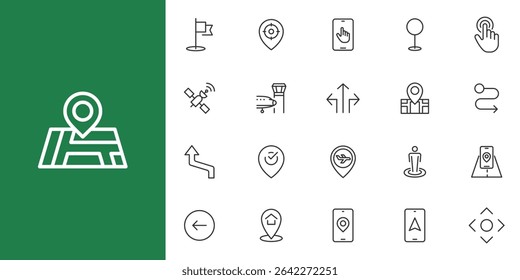 Gps and Navigation line icon set. Containing pin, flag, GPS, destination, direction, distance, place, navigation, route, road line icon set.