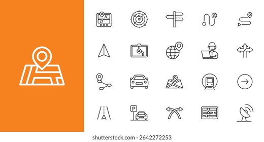 Gps and Navigation line icon set. Containing pin, flag, GPS, destination, direction, distance, place, navigation, route, road line icon set.