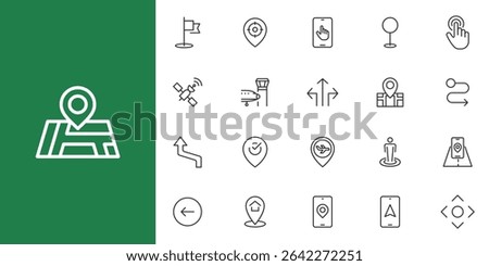 Gps and Navigation line icon set. Containing pin, flag, GPS, destination, direction, distance, place, navigation, route, road line icon set.