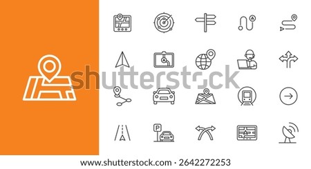 Gps and Navigation line icon set. Containing pin, flag, GPS, destination, direction, distance, place, navigation, route, road line icon set.