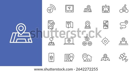 Gps and Navigation line icon set. Containing pin, flag, GPS, destination, direction, distance, place, navigation, route, road line icon set.
