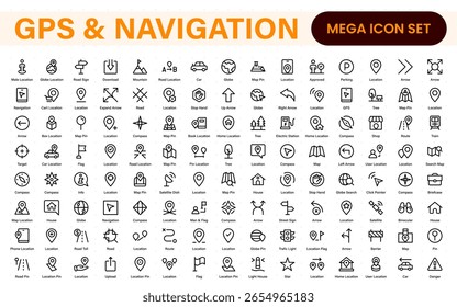 Paquete de iconos de línea de navegación y GPS. Marcador de Locación, mapa de la calle, ruta de viaje, flecha de dirección, geocerca e íconos de brújula. Colección de contorno moderno.