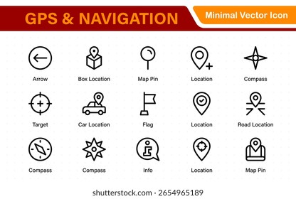 GPS and Navigation Line Icons Pack. Location marker, street map, travel route, direction arrow, geofence, and compass icons. Modern outline collection.