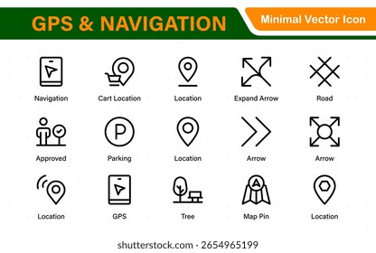 Paquete de iconos de línea de navegación y GPS. Marcador de Locación, mapa de la calle, ruta de viaje, flecha de dirección, geocerca e íconos de brújula. Colección de contorno moderno.