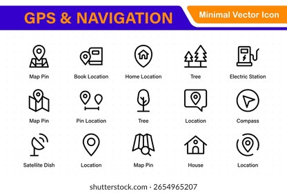Paquete de iconos de línea de navegación y GPS. Marcador de Locación, mapa de la calle, ruta de viaje, flecha de dirección, geocerca e íconos de brújula. Colección de contorno moderno.