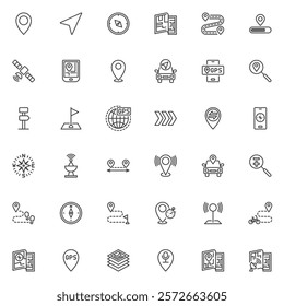 GPS navigation line icons set. linear style symbols collection, outline signs pack. Navigation system vector graphics. Set includes icons as gps tracker, map pin, location marker, compass, route