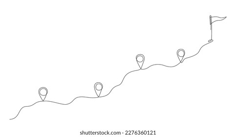 Marca de la pista de la línea de navegación GPS. Símbolos de ubicación de un punto de mapa de línea con marca al final de la ruta. Línea continua del puntero de ubicación. Pines en camino entre puntos. Mapear la línea de anclaje sobre fondo blanco. Vector