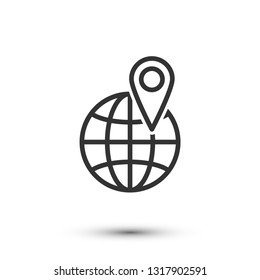 GPS navigation linear icon. Globe, pointer mark. Thin line outline drawing. Travel agency, location map. Delivery, transporting services logo, sign, contour symbol. Guide app clipart