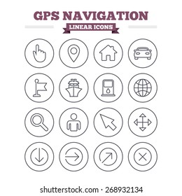 GPS navigation linear icons set. Car and Ship transport. You are here, map pointer symbols. Search gas or petrol stations, hotels. Thin outline signs. Flat vector