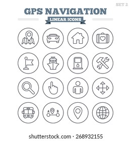 GPS navigation linear icons set. Car, Bus and Ship transport. You are here, map pointer symbols. Search gas or petrol stations, hotels. A to B distance. Thin outline signs. Flat vector