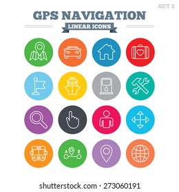 GPS navigation linear icons set. Car, Bus and Ship transport. You are here, map pointer symbols. Search gas or petrol stations, hotels. A to B distance. Thin outline signs. Flat circles vector