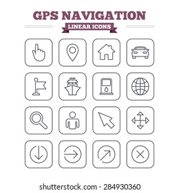 GPS navigation linear icons set. Car and Ship transport. You are here, map pointer symbols. Search gas or petrol stations, hotels. Thin outline signs. Flat square vector