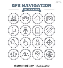 GPS navigation linear icons set. Car, Bus and Ship transport. You are here, map pointer symbols. Search gas or petrol stations, hotels. A to B distance. Thin outline signs. Flat vector