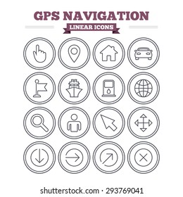 GPS navigation linear icons set. Car and Ship transport. You are here, map pointer symbols. Search gas or petrol stations, hotels. Thin outline signs. Flat vector