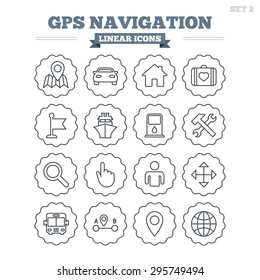 GPS navigation linear icons set. Car, Bus and Ship transport. You are here, map pointer symbols. Search gas or petrol stations, hotels. A to B distance. Thin outline signs. Flat vector