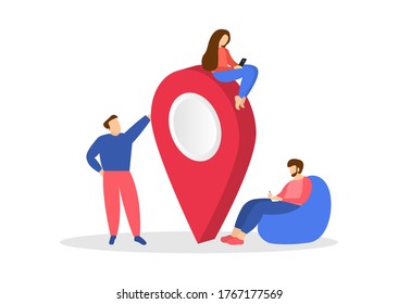 GPS navigation, location. Big pointer. Concept with characters. Vector cartoon style.