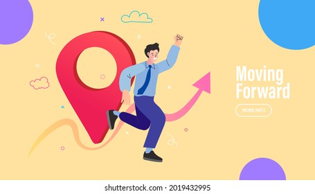 GPS navigation, location pin. landmark visit. moving forward, roadmap progress decorative design element. Sightseeing tour. Flat vector illustration.