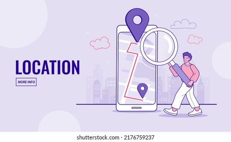 GPS navigation and location search concept. Man with magnifier finding route and destination on a city map with a mobile app. Vector for geo-tracking, delivery, and local business search services.
