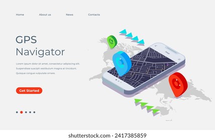 GPS navigation location search on mobile phone isometric landing page