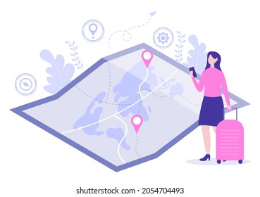 GPS Navigation Map and Compass on Location Search Application Shows the Position or Route you are Going. Background Vector Illustration 
