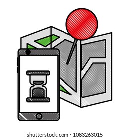 gps navigation map location pin and hour glass time