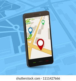GPS navigation map mobile app. Road city navigator with pin. Travel route location for smartphone.