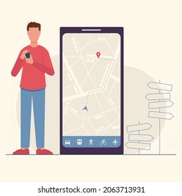 GPS navigation mobile app concept. Man searching itinerary or location online. Smartphone map application with route and pinpoint symbol on screen of mobile phone. Icons of various means of transport.