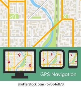 GPS navigation mobile app with online map on tablet, smartphone or monitor and seamless city map pattern. EPS10 vector illustration in flat style.