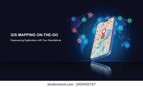 GPS Navigation, Mobile GPS Maps and GIS Mapping. UI Concept with Realistic Smartphone Mockup, Search world Map Navigator, and Pinpoint Location. Vector.