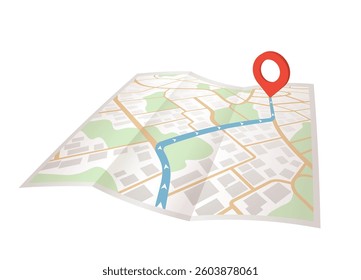 GPS navigation on folded paper map, highlighted blue route to red pin. Location tracking and mapping concept, clear path. Vector illustration.