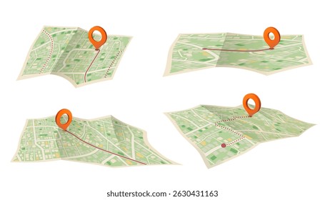 Navegación GPS en mapas de papel doblados, ruta resaltada a pin rojo. El seguimiento de la Locación y el concepto de mapeo, camino claro. Ilustración vectorial.
