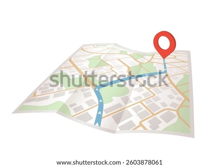 GPS navigation on folded paper map, highlighted blue route to red pin. Location tracking and mapping concept, clear path. Vector illustration.