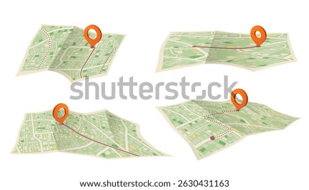 GPS navigation on folded paper maps, highlighted route to red pin. Location tracking and mapping concept, clear path. Vector illustration.