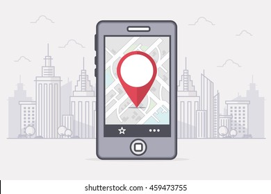 GPS Navigation on Smartphone with Map,  Map Pointer and City in the Background. Line Art Vector Illustration. 