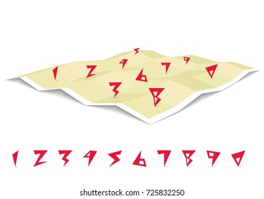 GPS navigation on a three dimensional flat map set of creative numbers. Vector illustration