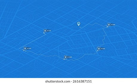 GPS navigation. Package delivery route, navigation plan to multiple package positions. Isometric city scape navigation on detailed map. Real time location with map markers. Vector illustration
