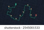 GPS navigation to pins and multiple markers on route. City map featuring directional signs, an intended goal point. Abstract plan highlights POI city streets. Vector illustration with designated route