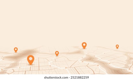 GPS navigation to pins and multiple markers on route. City map featuring directional signs, an intended goal point. Abstract plan highlights POI city streets. Vector illustration with designated route