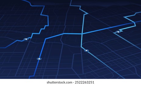 GPS navigation to pins and multiple markers on route. City map featuring directional signs, an intended goal point. Abstract plan highlights POI city streets. Vector illustration with designated route