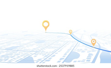 GPS-Navigation zu Pins und mehreren Markern auf der Route. Stadtplan mit Richtungsschildern, ein beabsichtigter Zielpunkt. Abstrakter Plan hebt POI Stadt Straßen hervor. Vektorgrafik mit festgelegter Route