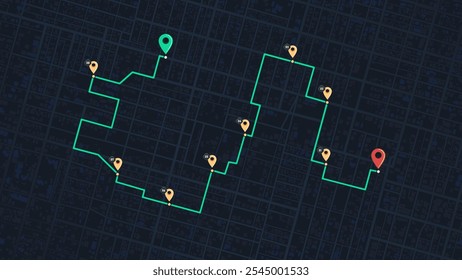 GPS navigation to pins and multiple markers on route. City map featuring directional signs, an intended goal point. Abstract plan highlights POI city streets. Vector illustration with designated route