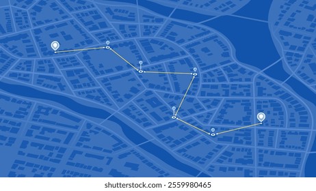 GPS navigation to pins and multiple markers on route. Isometric city map featuring directional signs, an intended goal point. Abstract plan highlights POI city streets. Vector illustration